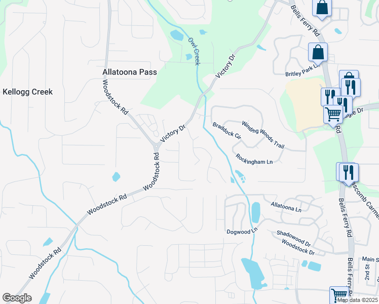 map of restaurants, bars, coffee shops, grocery stores, and more near 104 Victory Commons Drive in Acworth