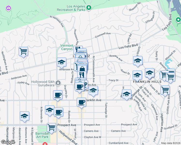 map of restaurants, bars, coffee shops, grocery stores, and more near 4415 Ambrose Avenue in Los Angeles