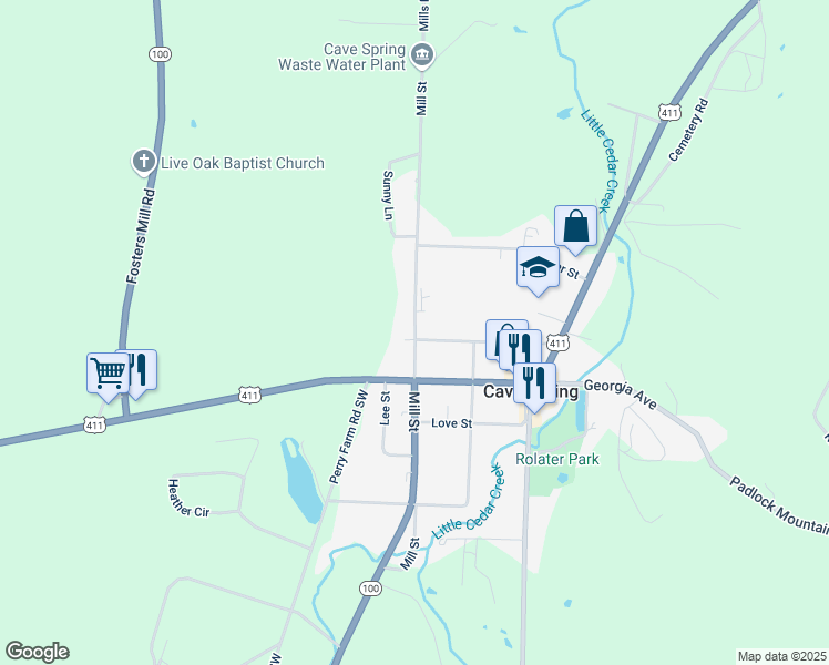 map of restaurants, bars, coffee shops, grocery stores, and more near Mill Street in Cave Spring
