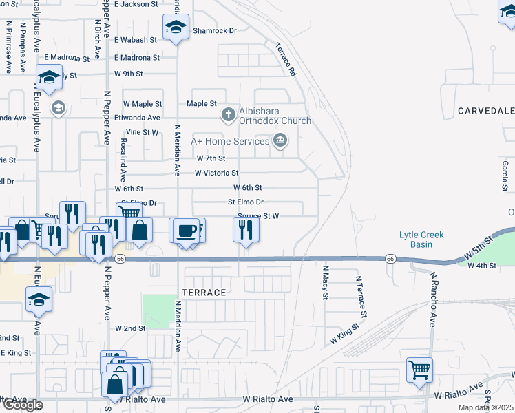 map of restaurants, bars, coffee shops, grocery stores, and more near 2455 Saint Elmo Drive in San Bernardino