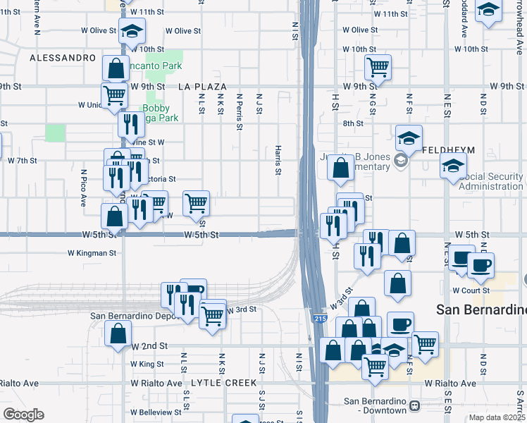 map of restaurants, bars, coffee shops, grocery stores, and more near 1007 West 6th Street in San Bernardino