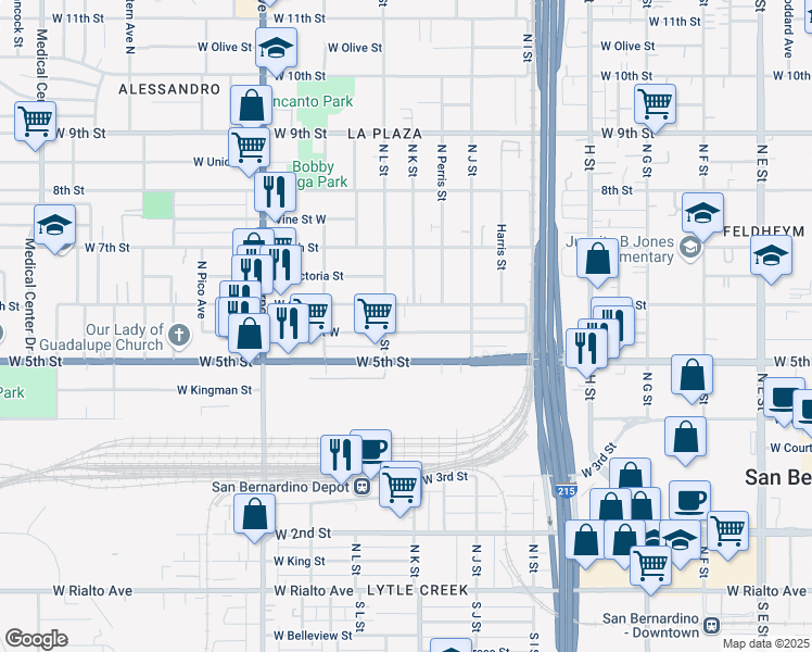 map of restaurants, bars, coffee shops, grocery stores, and more near 1053 West 6th Street in San Bernardino