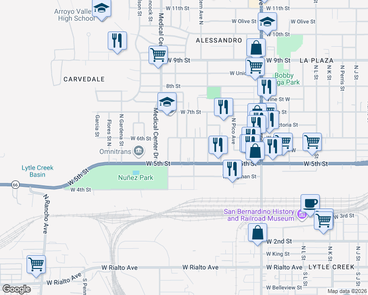 map of restaurants, bars, coffee shops, grocery stores, and more near 596 Ramona Avenue in San Bernardino