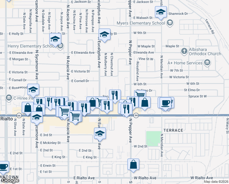 map of restaurants, bars, coffee shops, grocery stores, and more near 584 North Chestnut Avenue in Rialto