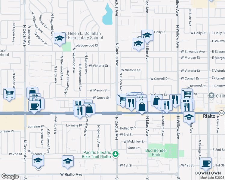 map of restaurants, bars, coffee shops, grocery stores, and more near 577 North Fillmore Avenue in Rialto