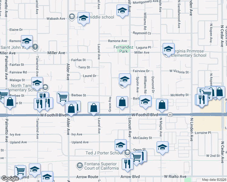 map of restaurants, bars, coffee shops, grocery stores, and more near 7924 Grace Avenue in Fontana