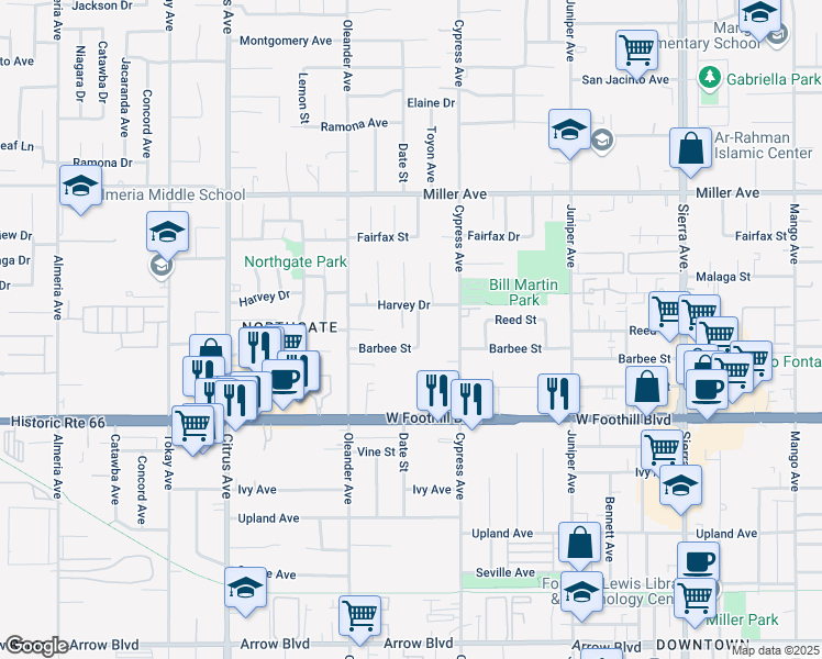 map of restaurants, bars, coffee shops, grocery stores, and more near 16393 Harvey Drive in Fontana