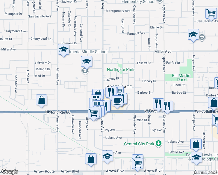 map of restaurants, bars, coffee shops, grocery stores, and more near 16120 Reed Court in Fontana