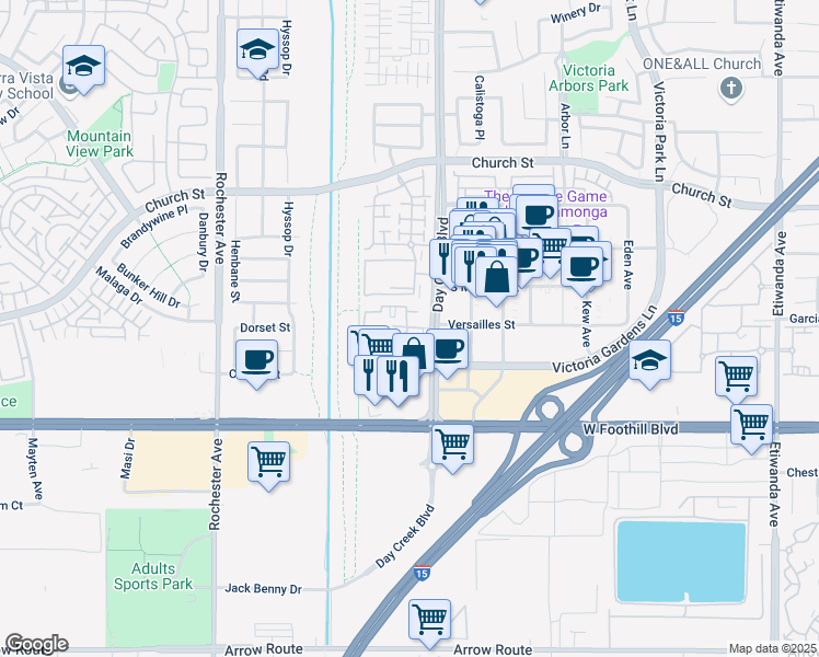 map of restaurants, bars, coffee shops, grocery stores, and more near 7922 Day Creek Boulevard in Rancho Cucamonga
