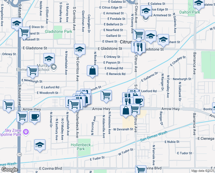 map of restaurants, bars, coffee shops, grocery stores, and more near 18321 East Woodcroft Street in Azusa