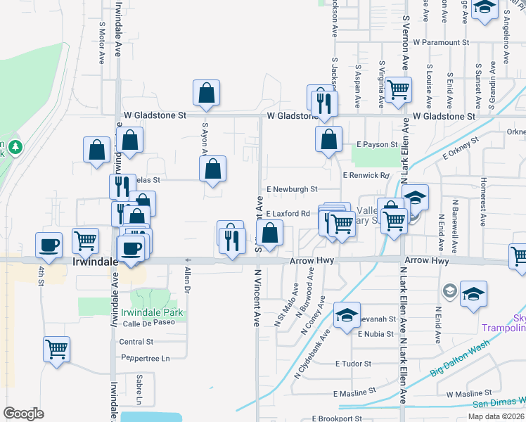 map of restaurants, bars, coffee shops, grocery stores, and more near 730 South Vincent Avenue in Azusa