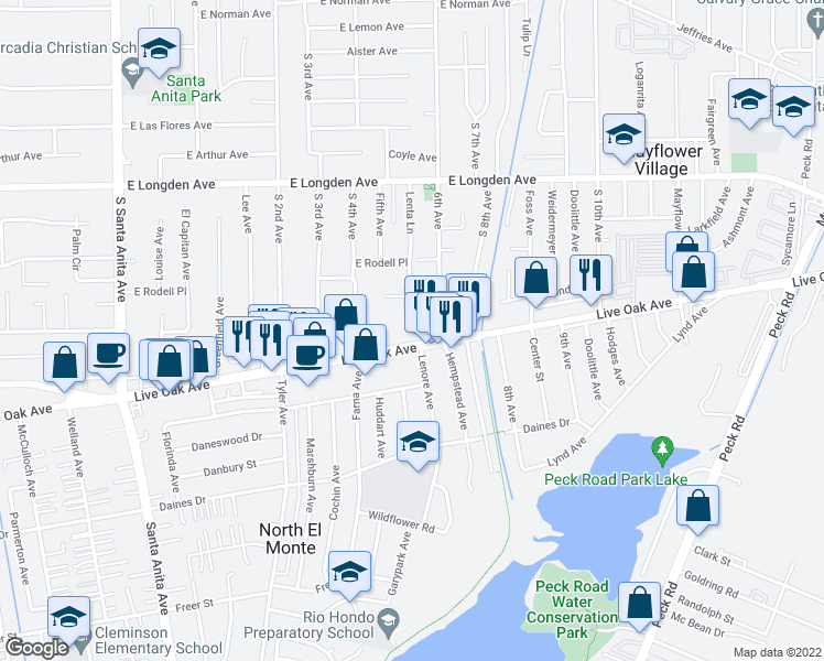 map of restaurants, bars, coffee shops, grocery stores, and more near 435 Live Oak Avenue in Arcadia