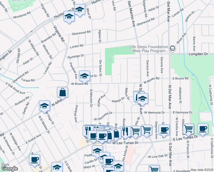 map of restaurants, bars, coffee shops, grocery stores, and more near 603 West Roses Road in San Gabriel