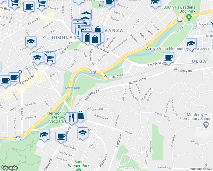 map of restaurants, bars, coffee shops, grocery stores, and more near 6501 Monterey Road in Los Angeles