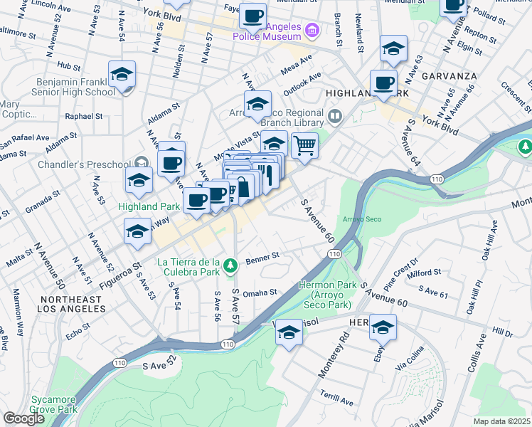 map of restaurants, bars, coffee shops, grocery stores, and more near 5820 North Figueroa Street in Los Angeles