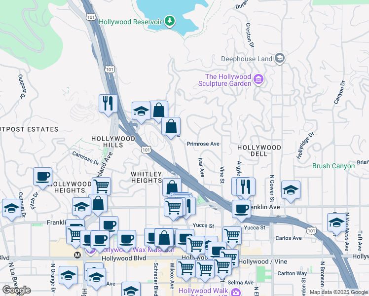 map of restaurants, bars, coffee shops, grocery stores, and more near 2139 Holly Drive in Los Angeles
