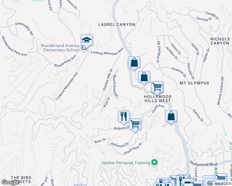 map of restaurants, bars, coffee shops, grocery stores, and more near 2172 Beech Knoll Road in Los Angeles