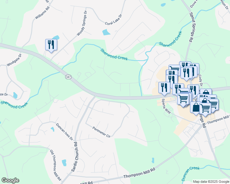 map of restaurants, bars, coffee shops, grocery stores, and more near 2585 Friendship Road in Buford