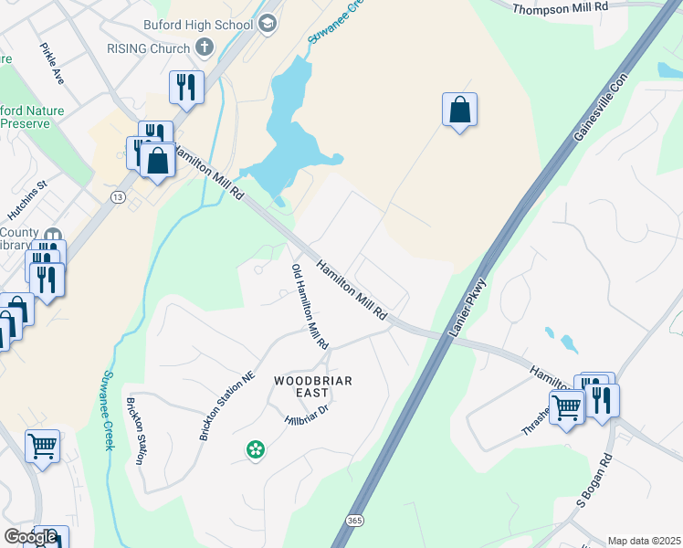 map of restaurants, bars, coffee shops, grocery stores, and more near 4355 Old Hamilton Mill Road in Buford