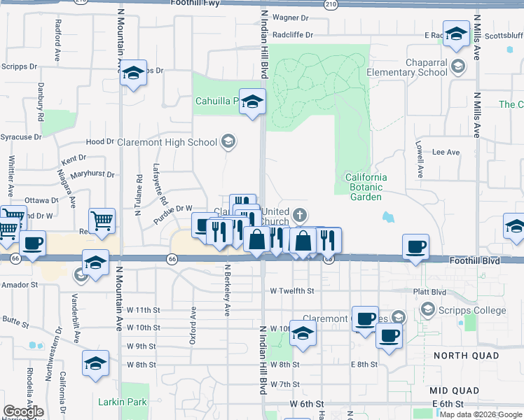 map of restaurants, bars, coffee shops, grocery stores, and more near 1419 North Indian Hill Boulevard in Claremont