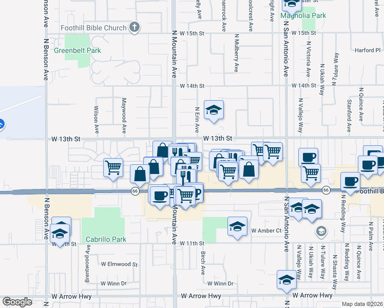 map of restaurants, bars, coffee shops, grocery stores, and more near 1146 Mountain Gate Road in Upland