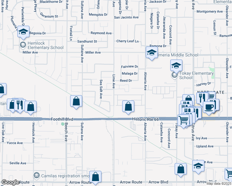 map of restaurants, bars, coffee shops, grocery stores, and more near 15602 Monica Court in Fontana