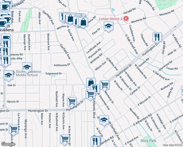 map of restaurants, bars, coffee shops, grocery stores, and more near 2205 South Los Robles Avenue in San Marino