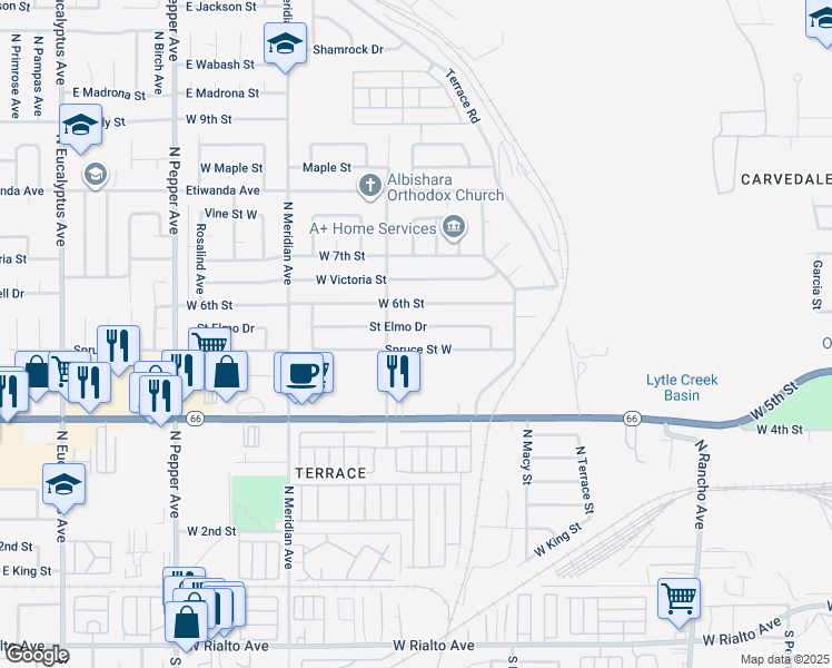 map of restaurants, bars, coffee shops, grocery stores, and more near 2455 Saint Elmo Drive in San Bernardino