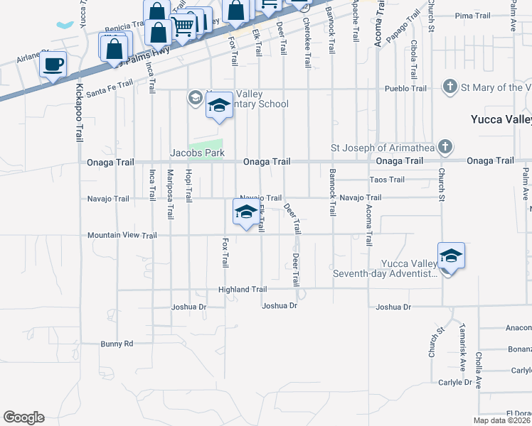map of restaurants, bars, coffee shops, grocery stores, and more near 7833 Elk Trail in Yucca Valley