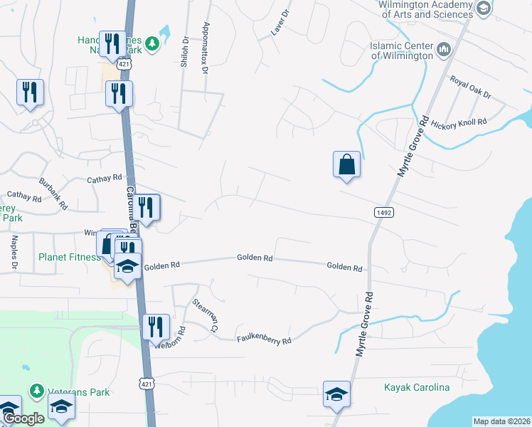 map of restaurants, bars, coffee shops, grocery stores, and more near 205 Country Place Road in Wilmington