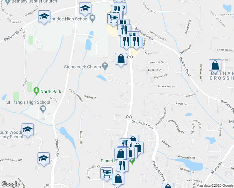 map of restaurants, bars, coffee shops, grocery stores, and more near 2985 Oakside Circle in Alpharetta