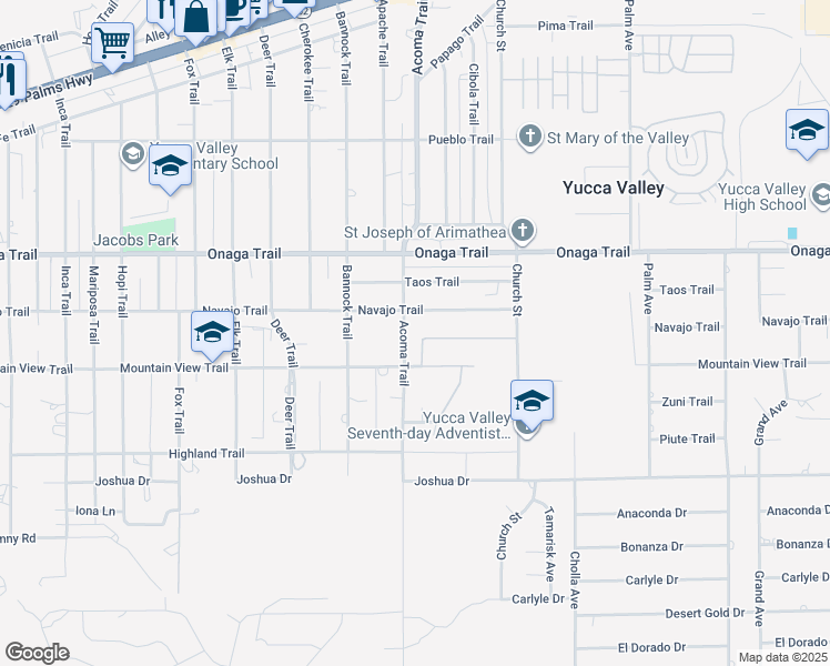 map of restaurants, bars, coffee shops, grocery stores, and more near 7845 Borrego Trail in Yucca Valley