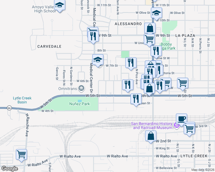 map of restaurants, bars, coffee shops, grocery stores, and more near 596 Ramona Avenue in San Bernardino