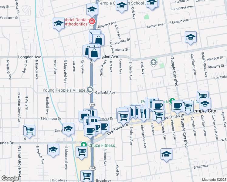 map of restaurants, bars, coffee shops, grocery stores, and more near 6121 Hart Avenue in Temple City