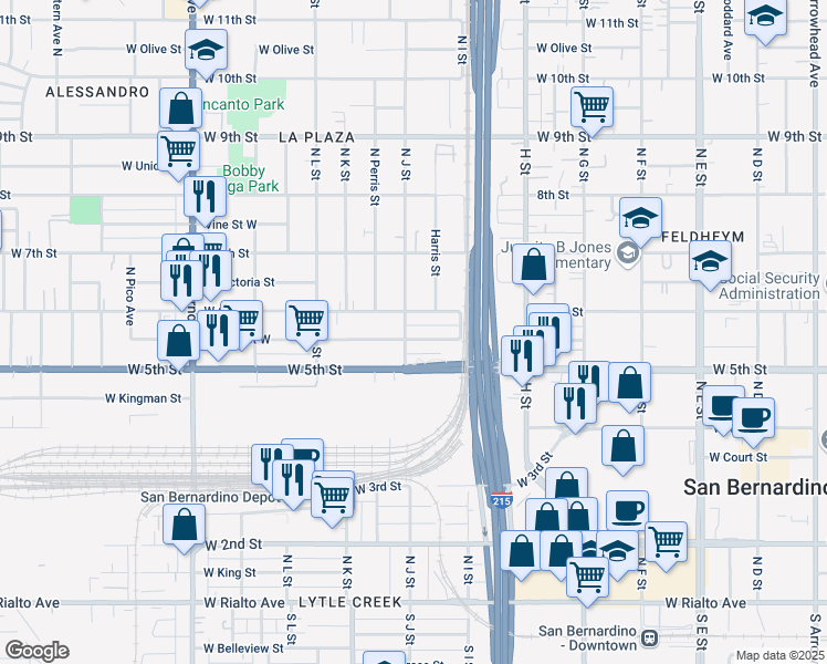map of restaurants, bars, coffee shops, grocery stores, and more near 1007 West 6th Street in San Bernardino