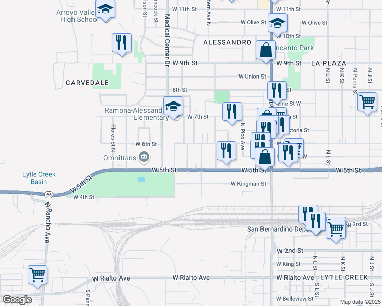 map of restaurants, bars, coffee shops, grocery stores, and more near Ramona Avenue North in San Bernardino