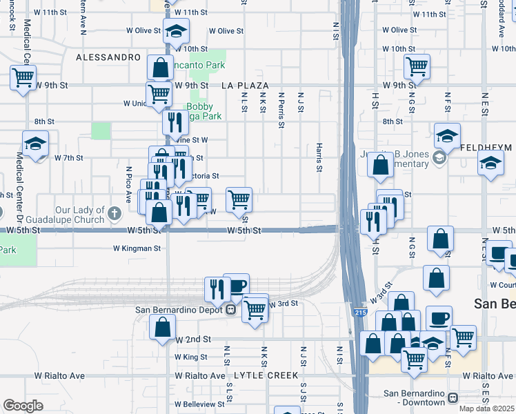 map of restaurants, bars, coffee shops, grocery stores, and more near 1053 West 6th Street in San Bernardino