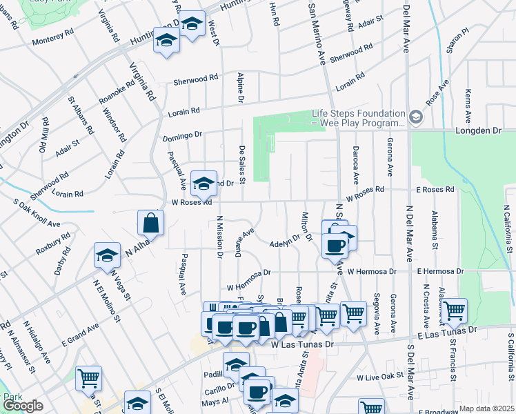 map of restaurants, bars, coffee shops, grocery stores, and more near 603 West Roses Road in San Gabriel