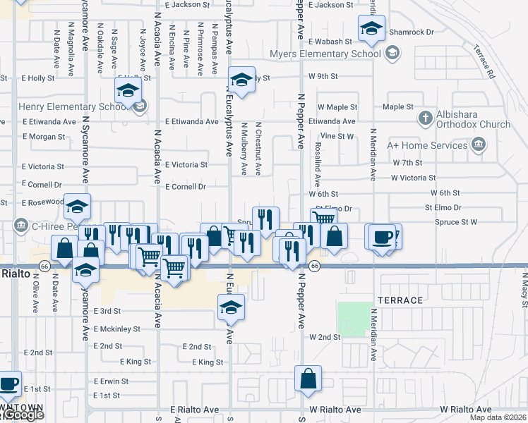 map of restaurants, bars, coffee shops, grocery stores, and more near 584 North Chestnut Avenue in Rialto