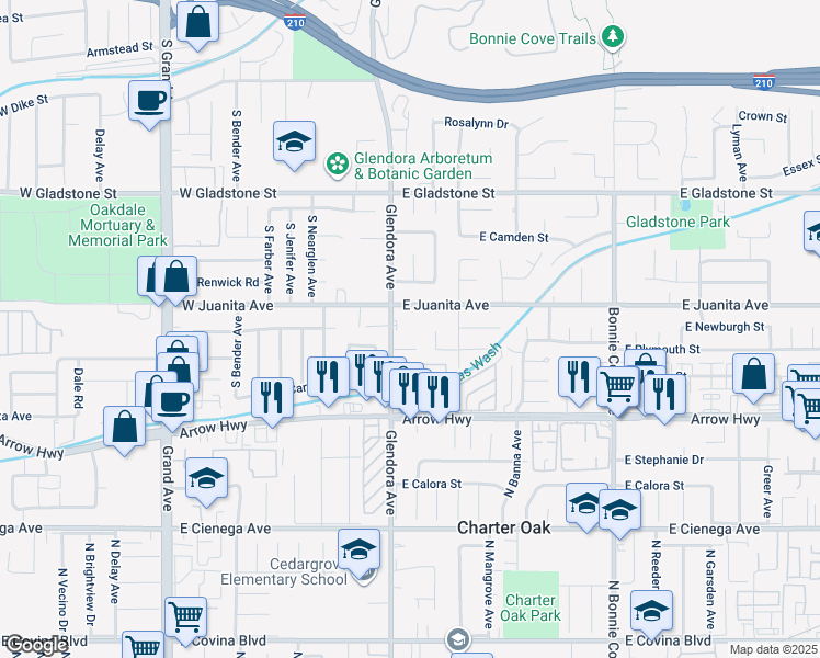 map of restaurants, bars, coffee shops, grocery stores, and more near 1620 South Glendora Avenue in Glendora