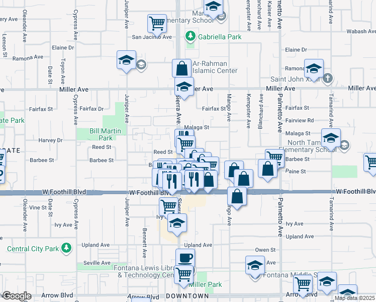 map of restaurants, bars, coffee shops, grocery stores, and more near 16939 Reed Street in Fontana
