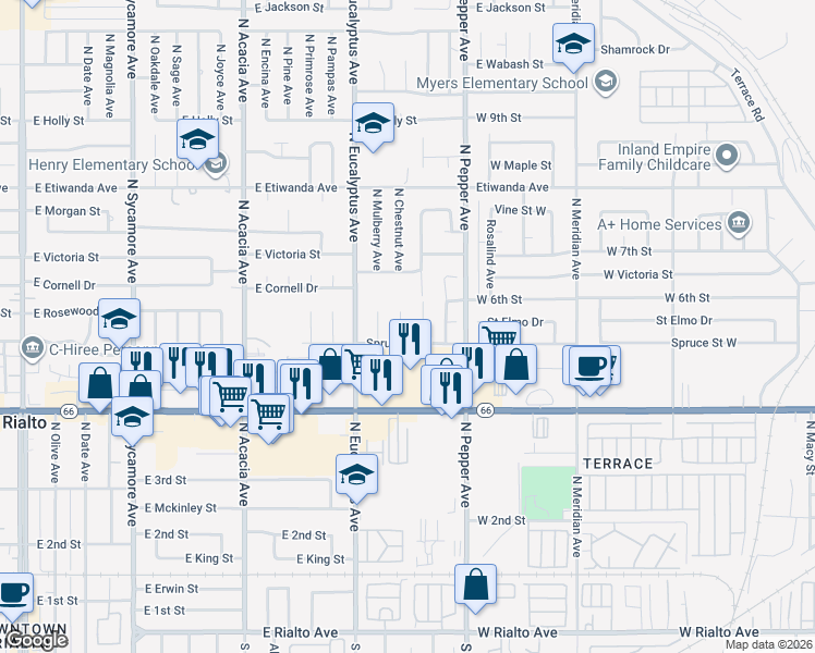 map of restaurants, bars, coffee shops, grocery stores, and more near 555 North Chestnut Avenue in Rialto