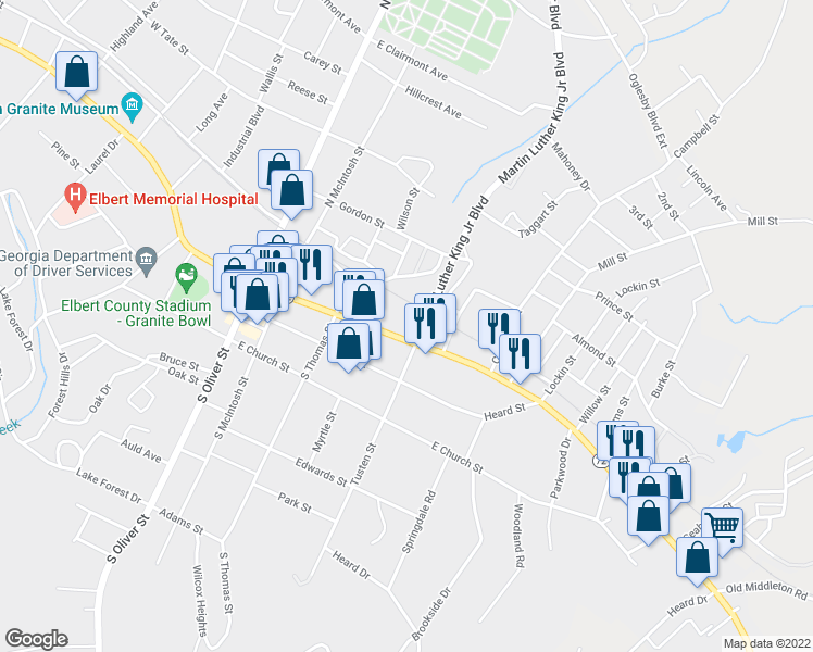 map of restaurants, bars, coffee shops, grocery stores, and more near 235 Elbert Street in Elberton