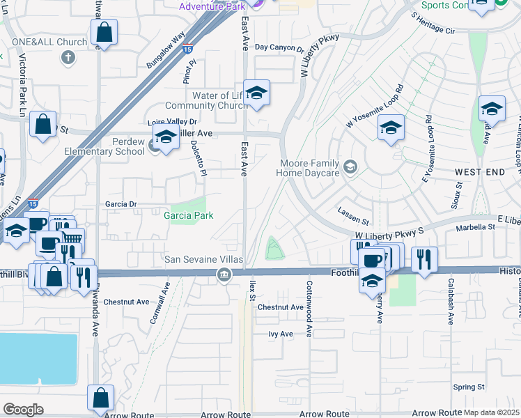 map of restaurants, bars, coffee shops, grocery stores, and more near 7925 Hemingway Court in Fontana