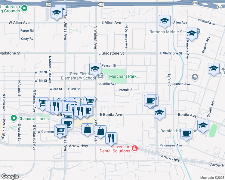 map of restaurants, bars, coffee shops, grocery stores, and more near 239 North Basilio Avenue in San Dimas