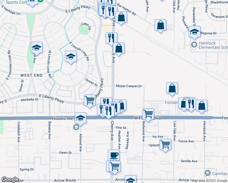 map of restaurants, bars, coffee shops, grocery stores, and more near 7953 Cherry Avenue in Fontana