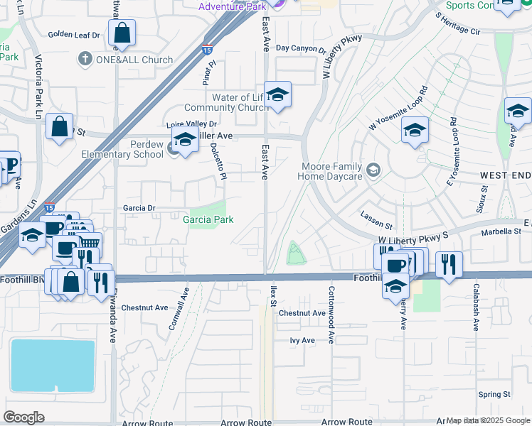 map of restaurants, bars, coffee shops, grocery stores, and more near 7928 East Avenue in Rancho Cucamonga