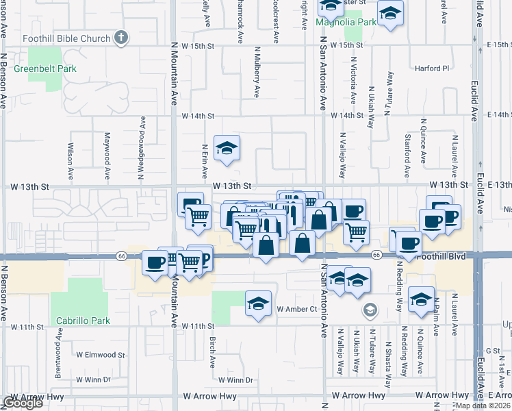 map of restaurants, bars, coffee shops, grocery stores, and more near 959 West Pine Street in Upland