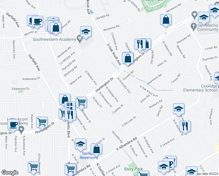 map of restaurants, bars, coffee shops, grocery stores, and more near 1208 North Hidalgo Avenue in Alhambra