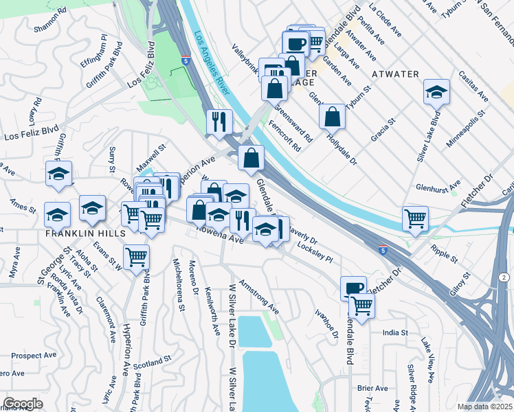 map of restaurants, bars, coffee shops, grocery stores, and more near 2849 Waverly Drive in Los Angeles